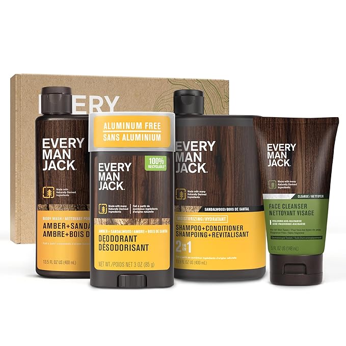 Every Man Jack Men’s Amber + Sandalwood Bath and Body Gift Set - Clean Ingredients & Sandalwood, Amber, and Vetiver scent - Round Out His Routine with Body Wash, 2-in-1 Shampoo, Deodorant & Face Wash