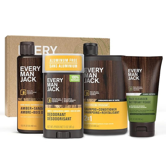 Every Man Jack Men’s Amber + Sandalwood Bath and Body Gift Set - Clean Ingredients & Sandalwood, Amber, and Vetiver scent - Round Out His Routine with Body Wash, 2-in-1 Shampoo, Deodorant & Face Wash