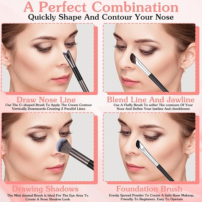 Grevosea 3 Pcs Contour Brushes for Makeup, 2 in 1 Dual-End Nose Contour Brush Angled Blush Brush for Cheeks Sculpting Highlighting Defining Eyeshadow Makeup Brushes
