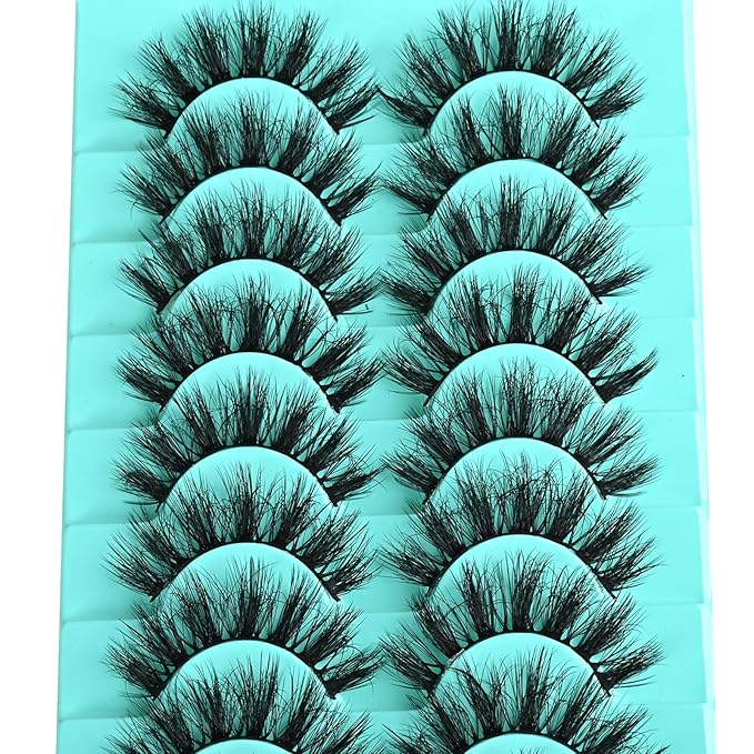 Wispy Lashes Fluffy Mink Eyelashes 16mm Natural Thick False Eye Lash Strips 10 Sets Medium Wispies Fake Strip Eyelash Wet Spikes Style Full Volume Cateye Spiky Lashes Manga Look