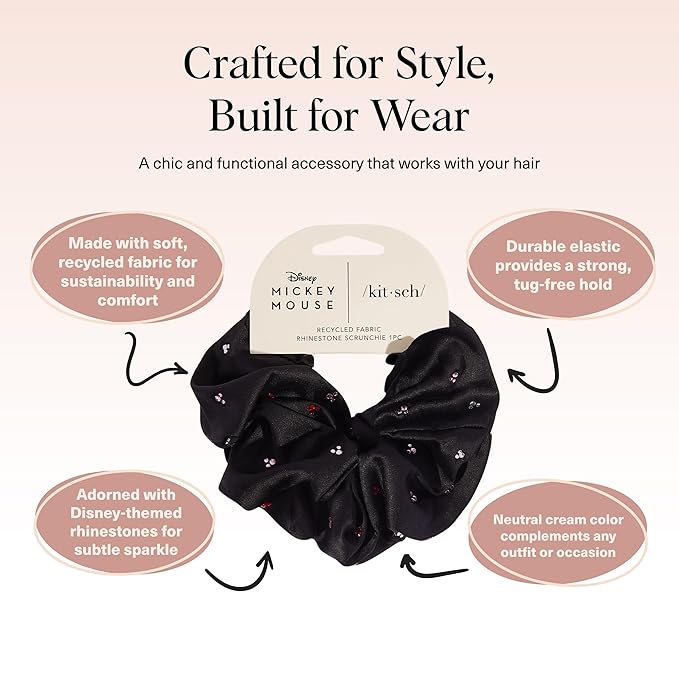 Kitsch & Mickey/Minnie Fabric Rhinestone Scrunchies for Women, Hair Scrunchies for All Hair Types, Recycled Polyester, Perfect for Updo or Half Up Ponytail | Ideal Gifts for Women (Black) - 1 Piece