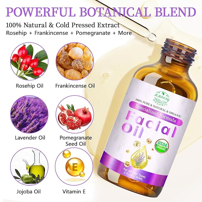 Rosehip Oil, Lavender Oil for Face, Facial Oils Blend Anti Aging with Frankincense & Pomegranate | Organic 100% Natural & Cold Pressed for Women Moisturizing, Brightening & Youthful Glow, 2 fl oz