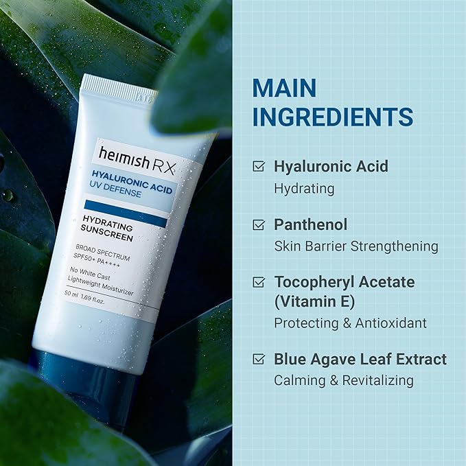 HEIMISH RX Hyaluronic Acid Hydrating Sunscreen - Daily Sunscreen For Face, SPF Face Moisturiser, Broad Spectrum SPF 50, No White Cast, Lightweight, Fast-absorbing, Korean Skincare, 50ml (1.69 fl. oz)