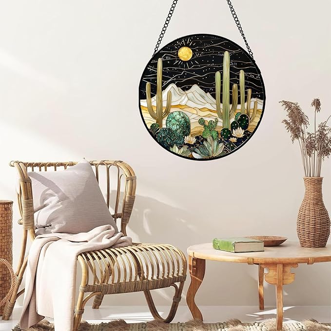 Stained Glass Window Hanging, Black and White Golden Cactus Nature Suncatcher for Doors Window Home Starry Sky Sun Catchers Decor Mother's Day Birthday Gifts for Women, Men Mom 7.8 in