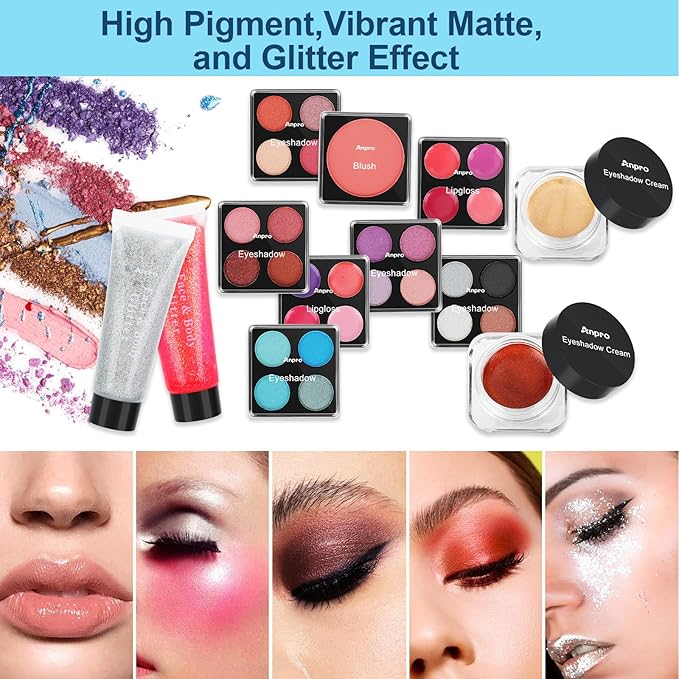 Anpro All-In-One Makeup Carry Case with Pro Teen Makeup Set, Full Starter Cosmetics Kit with Makeup Brushes, Lipsticks, Eye Shadows Palette, Blushes, Glitter Gel-Blue Leopard