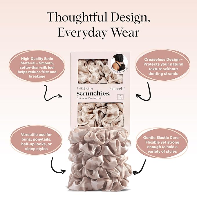 Kitsch Leopard Prints Satin Scrunchies for Women - No Crease Hair Ties for Girls, Scrunchies For All Hair Types and Textures, Perfect for Day or Night | Ideal Gifts for Women - 5 Pcs