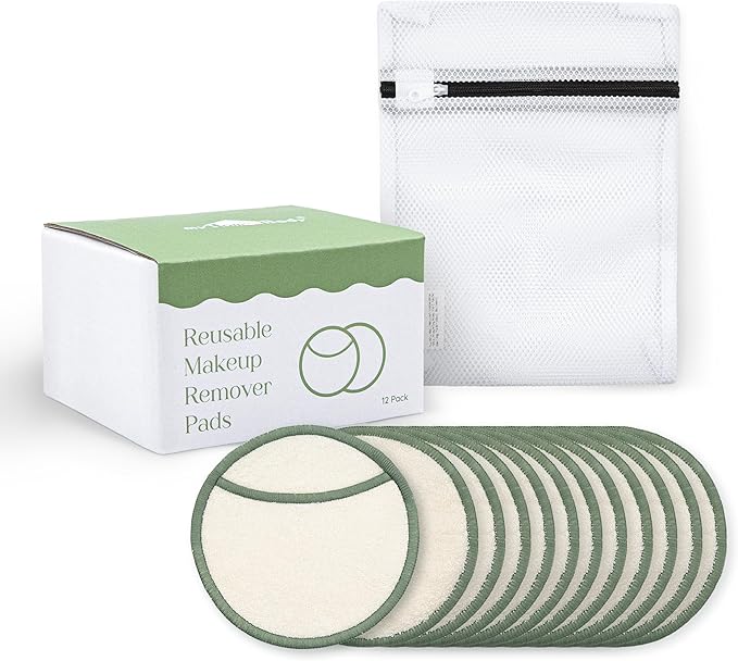 myHomeBody Reusable Makeup Remover Pads, Washable Ultra-Soft Facial Pads, Reusable Facial Cleansing Rounds - 12 Pack with Laundry Bag