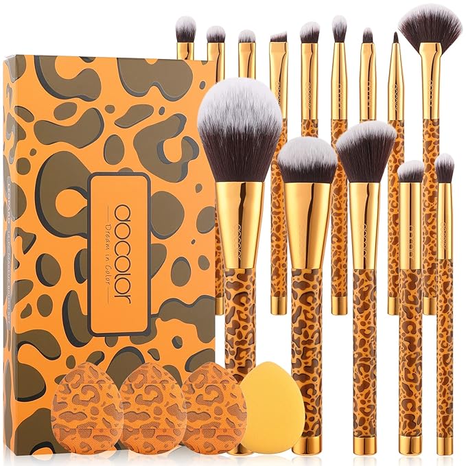Docolor Makeup Brushes Leopard 14pcs Premium Synthetic Foundation Powder Concealers Eye shadows Blush Makeup Brush Set with 4pcs Makeup Puffs