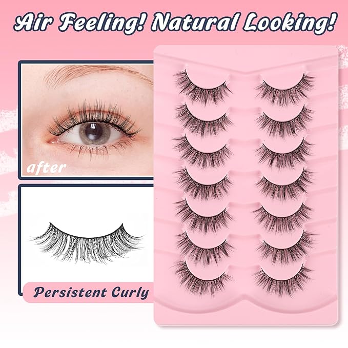 Wispy Lashes False Eyelashes 16mm Strip Lashes Fluffy Eyelashes C Curl Lash Strips Fake Eyelashes Natural with 0.1MM Thin Cotton Band Siligli 3D Volume Eyelash Pack 7 Pair