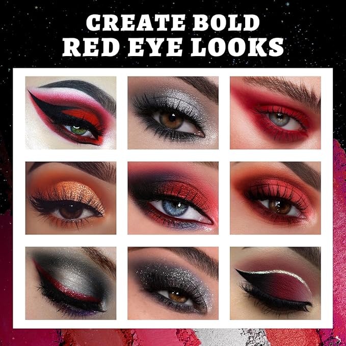 UCANBE Red Eyeshadow Makeup Palette, 15 Colors Burgunry Gray Silver Shimmer Matte Glitter Metallic Eye Shadow Pallet, Pigmented Make Up Kit for Halloween Parties Christmas Joker Vampire Clown