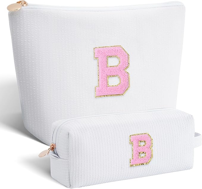 Bridesmaid Gifts Wedding Day - Bridal Shower Gifts,Maid of Honor Gifts,Initials Makeup Bag Set Cosmetic Bag - White,B