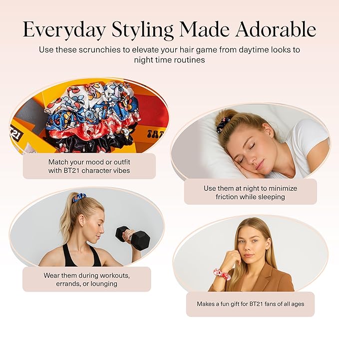Kitsch x BT21 Satin Scrunchies for Women - No Crease Hair Ties for Girls | Scrunchies For All Hair Types and Textures, Perfect for Day or Night | Ideal Gifts for Women - 4 Pcs