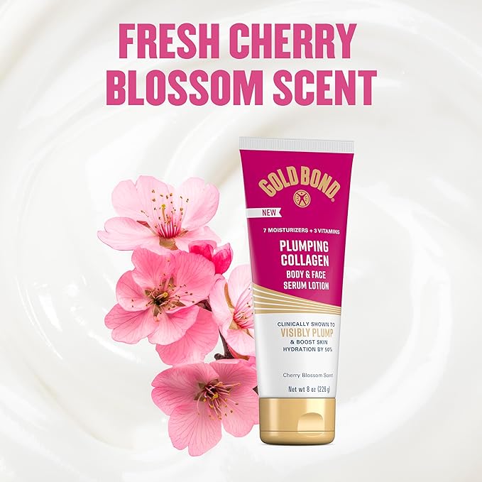 Gold Bond Plumping Collagen Body and Face Serum Lotion, Lightweight Hydrating Moisturizer with Collagen Peptide Complex, Jojoba and Grapeseed Oils to Visibly Plump Skin, Cherry Blossom Scent, 8 oz