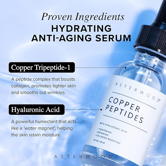 Asterwood Copper Peptides Serum for Face - Tightening, Repairing, Collagen Boosting - with GHK-Cu and Hyaluronic Acid - 2 Fl Oz