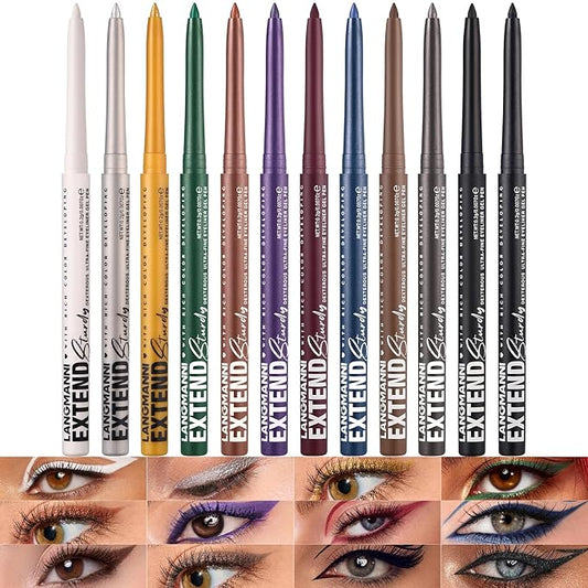 LANGMANNI 12Pcs Metal Colorful Eyeliner Pencil Set - Matte & Shimmer Eye Makeup,Smooth Use Long-Lasting & Waterproof Eyeliner Set