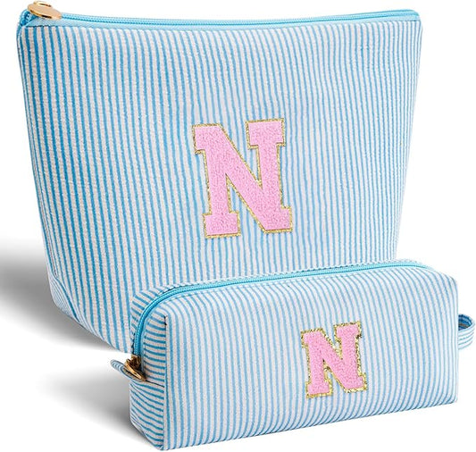 Personalized Makeup Bag for Women Girls - Fashion Cosmetic Bag Trendy Travel Toiletry Bag with Initials Letter - Teen Gifts - Blue,N