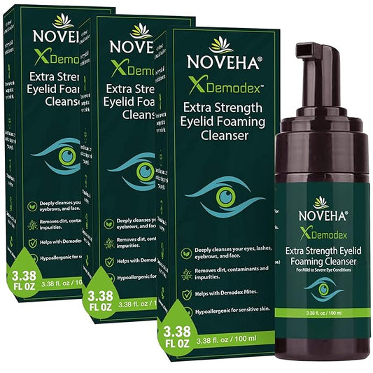 NOVEHA Demodex Eyelid Cleanser Foam | Extra Strength Tea Tree Oil Formula | Daily Face Wash For Eyelash, Demodex, MGD, Stye Eyes, Eye Irritations & Skin Dryness, 3.38 fl oz (3 Pack)