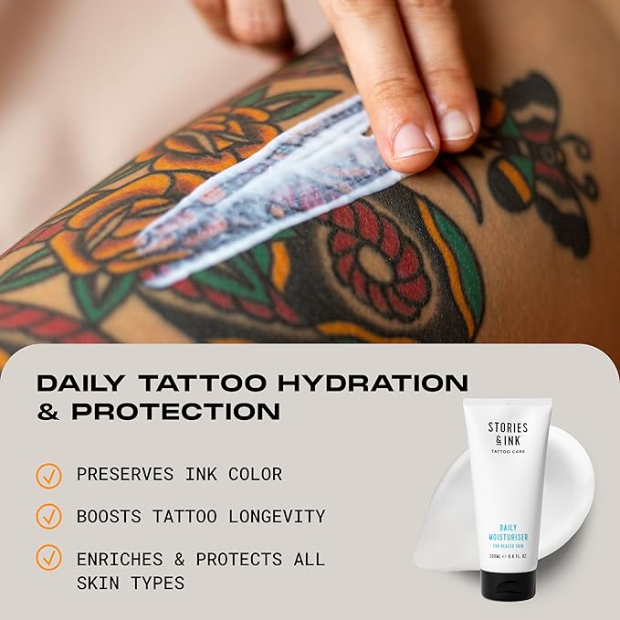 Stories & Ink Tattoo Care | DAILY MOISTURIZER for healed skin - with Advanced UV Ink Protection to Prevent Tattoo Fading, Protects & Hydrates Healed Tattoos, 200 mL / 6.8 Fl Oz