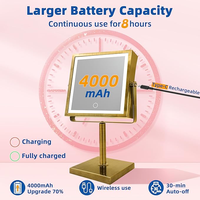 RUACQ Rechargeable Makeup Mirror, 4000mAh Lighted Makeup Mirror with Magnification 1X/10X, Height Adjustable vanity mirror with lights, 3 Color light, Adjustable Brightness,360°Rotation(Antique Brass)