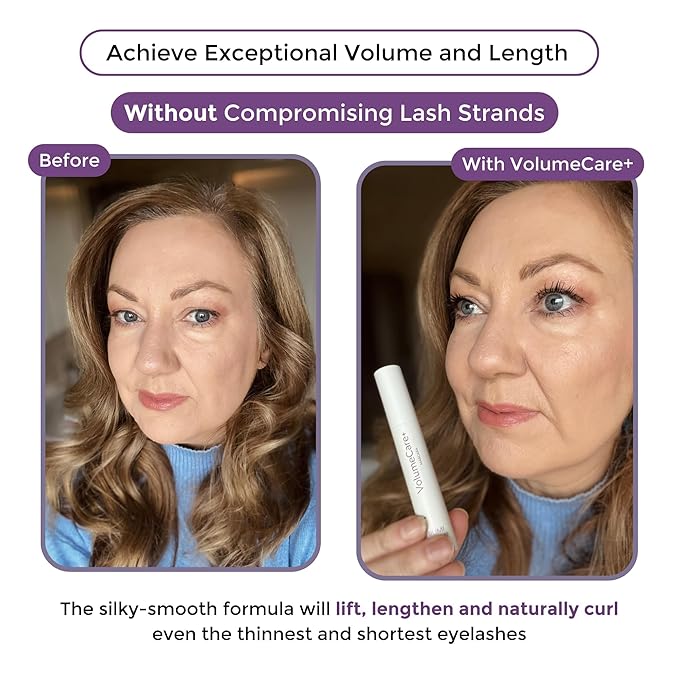 VolumeCare+ Mascara For Older Women - Extreme Length and Volume 2-in-1 Formula - No Clumps, Long-Wearing, Hypoallergenic Mascara For Sensitive Eyes (Natural Black)