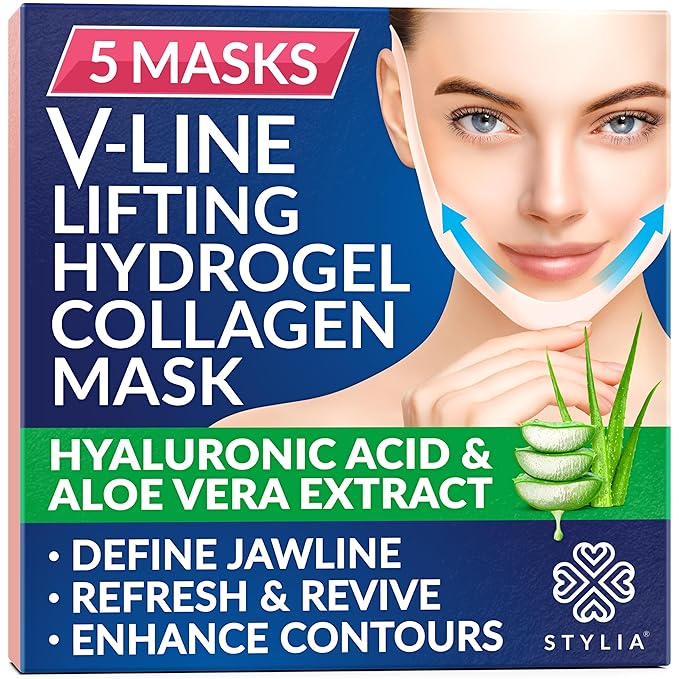 Stylia V Line Lifting Collagen Face Mask - Double Chin Strap for Women - Jawline Shaper Face Lift Tape - Neck Lift Collagen Mask - Chin Strap for Sleeping - Hyaluronic Acid, Aloe Vera, Cica 5PC
