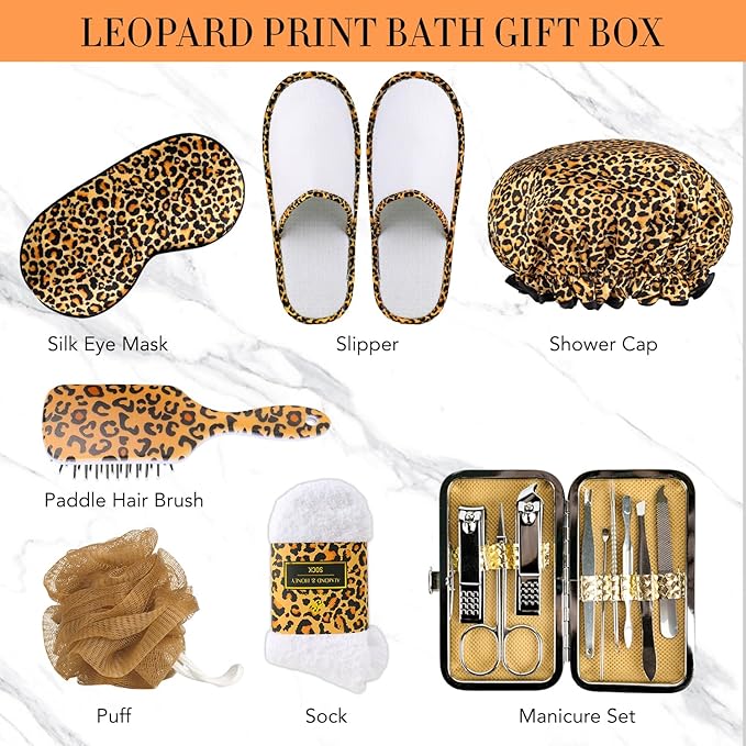 Bath Gift Set for Women, XXL 20 Pcs Skin Care Set Leopard, Slef Care Gifts Set , Mother's Day, Valentine, Birthday, Christmas, Home Spa Kits with Shower Gel, Body Lotion, Shower Cap, Manicure Set