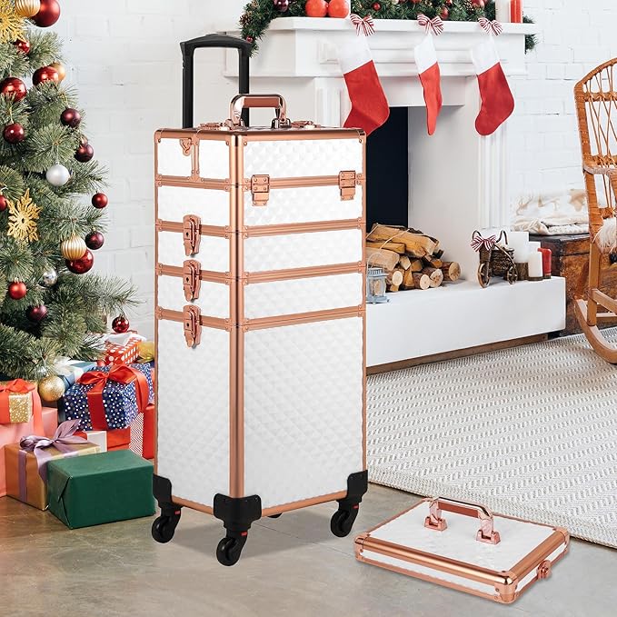 Rolling Makeup Case, Makeup Train Case with Lid, 5 in 1 Cosmetology Case on Wheels, Christmas Gift, Large Makeup Organizers, Profesional Cosmetic Case for Salon Barber, White Gold