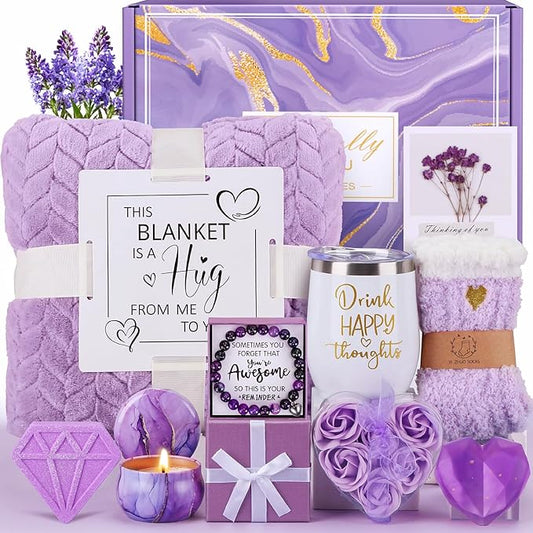 Birthday Gifts for Women Self Care Gift Set, Purple Relaxing Spa Gift Baskets Care Package Get Well Soon Gifts, Unique Christmas Gifts for Mom Her Sister Friend Wife Grandma Girlfriend