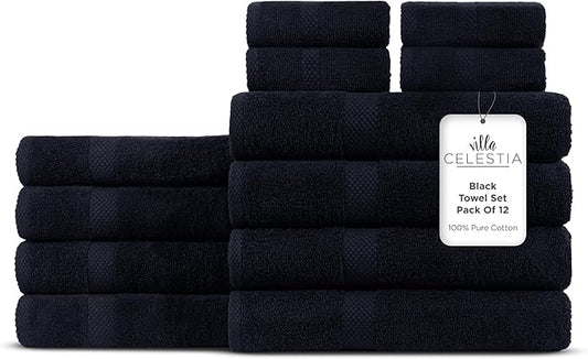 100% Cotton Bath Towel Set of 12-4 Bath Towels, 4 Hand Towels, 4 Wash Cloths, Sustainable, Soft, Highly Absorbent, Combed Cotton 12 Piece Set for Hotels, Spa, Bathroom, Dorm, Black