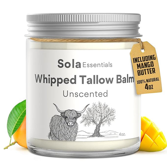 Grass Fed Whipped Beef Tallow for Skin - Whipped Tallow Balm with Mango Butter and Olive Oil - Natural Moisturizer, Suitable for all Skin Types, Smooth Texture, 4 oz Jar, Made in USA (4oz, Unscented)