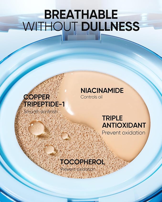 Velvet Matte Cushion Foundation Blue Ultra Cover Powder Foundation, 12h Oil-Control, Lightweight, Long-Lasting, Waterproof Korean Cushion Makeup(#01W Warm Vanilla)