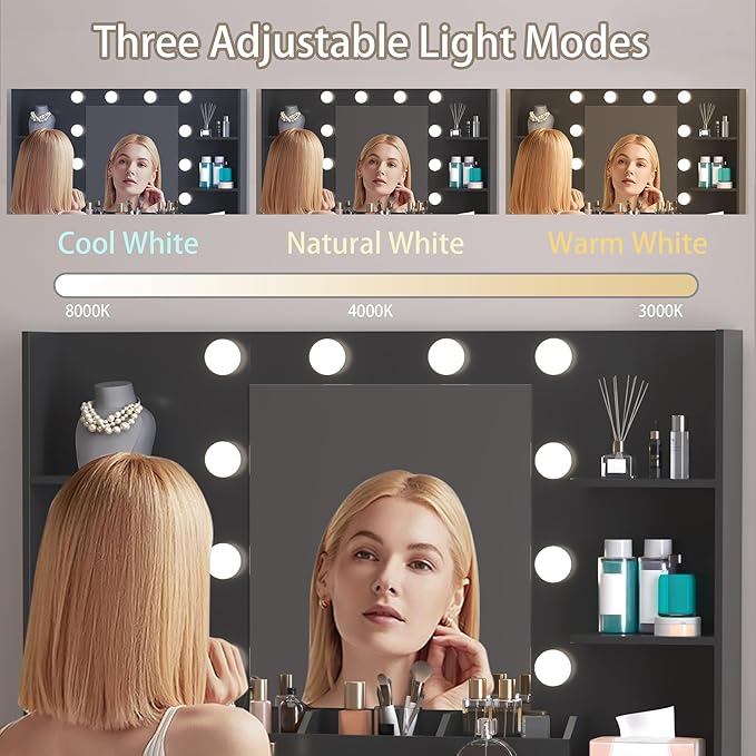 Vanity Desk with Mirror & Lights, Makeup Vanity Table with Charging Station, 3 Lighting Modes, Large Storage Space with Drawers and Shelves, Elegant White Vanity Set for Bedroom Dressing Room