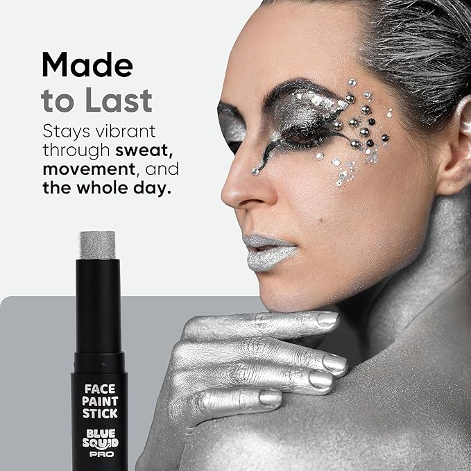 Blue Squid PRO Metallic Silver Face Paint Stick - Waterproof Silver Body Paint Adults & Kids Eye Black Baseball, Eyeblack Softball -Hypoallergenic Twist-Up Non-Toxic Makeup Stick Cosplay, Sports & SFX