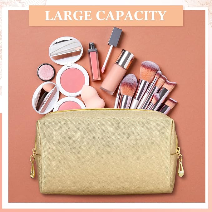Kigeli 15 Pcs Aesthetic Makeup Bags PU Leather Cosmetic Pouches Waterproof Plain Toiletry Bags Makeup Pouches Bulk for Women Party Gift Travel Storage Organizer(Champaign Gold)