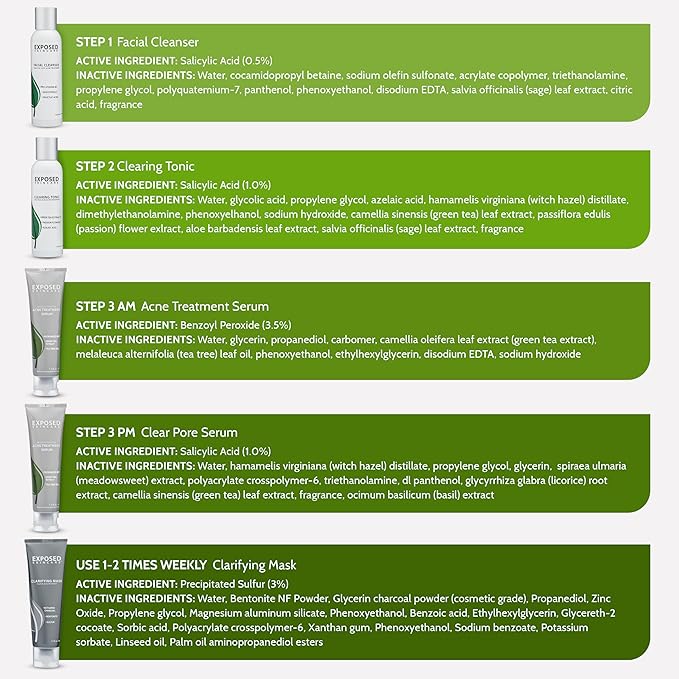 Exposed Skin Care, Acne Treatment Kit with 2.5% Salicylic Acid and 3.5% Benzoyl Peroxide to Clear Up Teen, Adult, Hormonal and Cystic Acne – Natural, Non-toxic and Cruelty Free