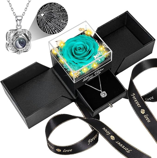 Preserved Blue Real Rose with Heart I Love You Necklace -Eternal Flowers Rose Birthday Gifts for Her Mom Wife Girlfriend Grandma on Valentines Mothers Day Christmas Anniversary Romantic-Negro Blue