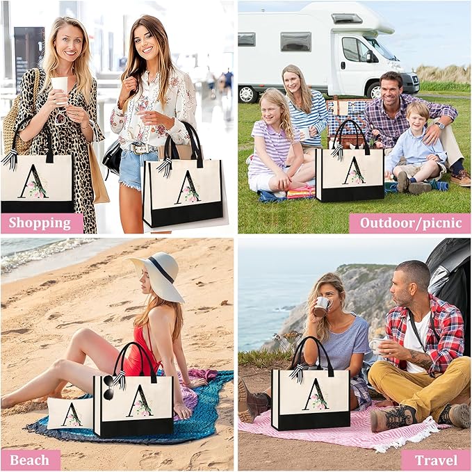 AYGE Personalized Initial Canvas Beach Tote, Monogrammed Gifts for Women, Makeup Bag, Birthday Gifts for Sister, Mom, Teacher, Bridesmaid (A)