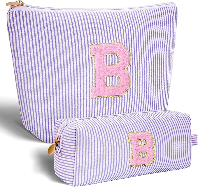 Bridesmaid Gifts Wedding Day - Bridal Shower Gifts,Maid of Honor Gifts,Initials Makeup Bag Set Cosmetic Bag - Lavender,B