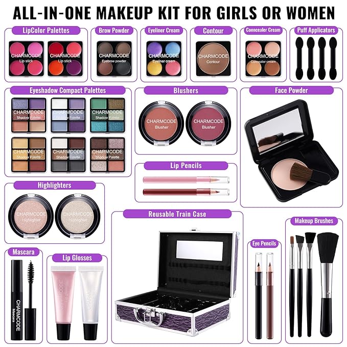 Makeup Kit for Teen Girls & Women Full Kit, Beauty Train Case with Starter Cosmetic Set, Make Up Christmas Gift Box with Eyeshadow,Lipgloss,Highlighter,Blush,Lip&Eye Pencils,Brush & More(Purple)