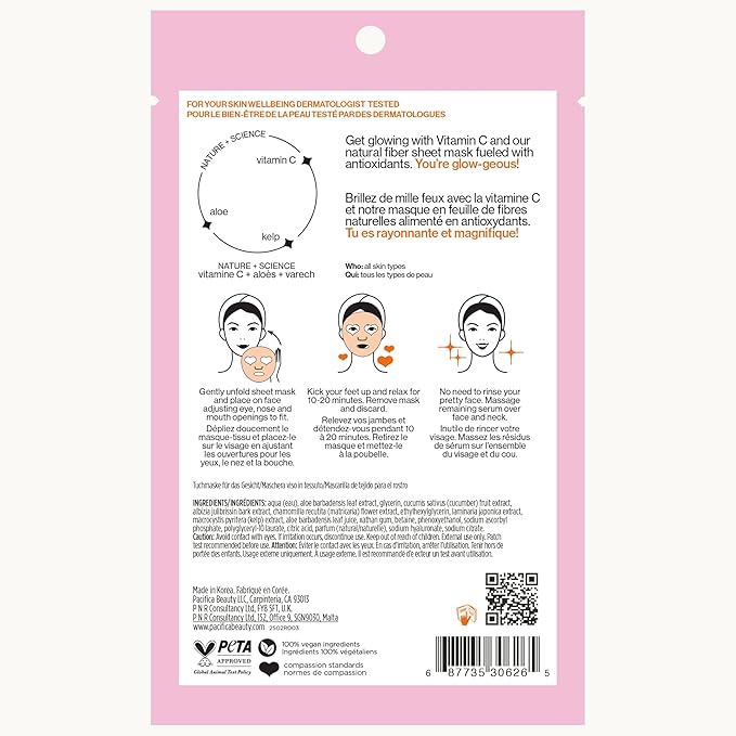 Pacifica Sheet Face Mask - Glow Baby Brightening Facial Mask w/Vitamin C, Aloe & Kelp – Cooling Mask for Dark Spots & Fine Lines - Clean Beauty Vegan & Cruelty-Free Dermatologist Tested