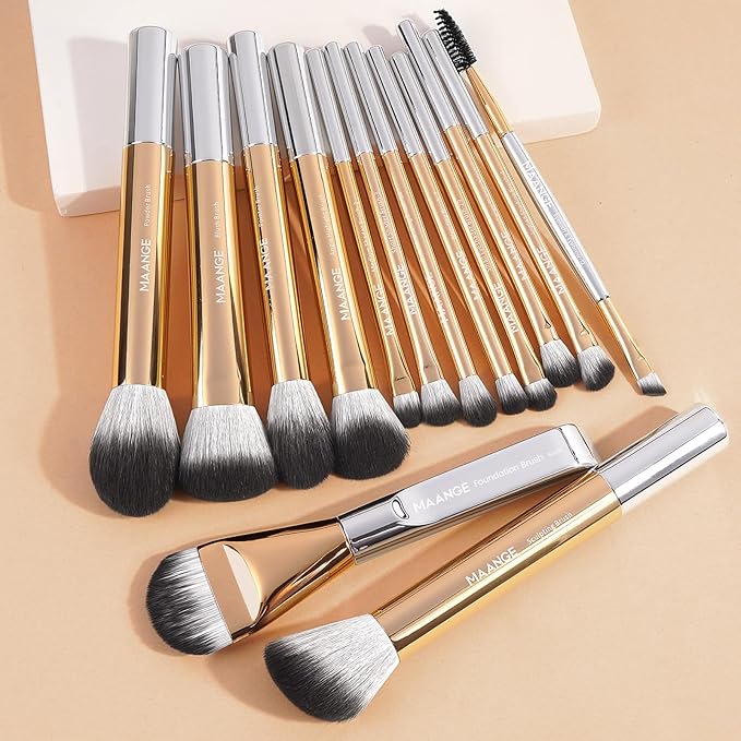 MAANGE 14-Piece Makeup Brush Set with Aluminum Ferrule- Premium Synthetic Makeup Brushes Kit Foundation Powder Brush Eye Shadow for Beginners & Professionals(Gold and Silver)