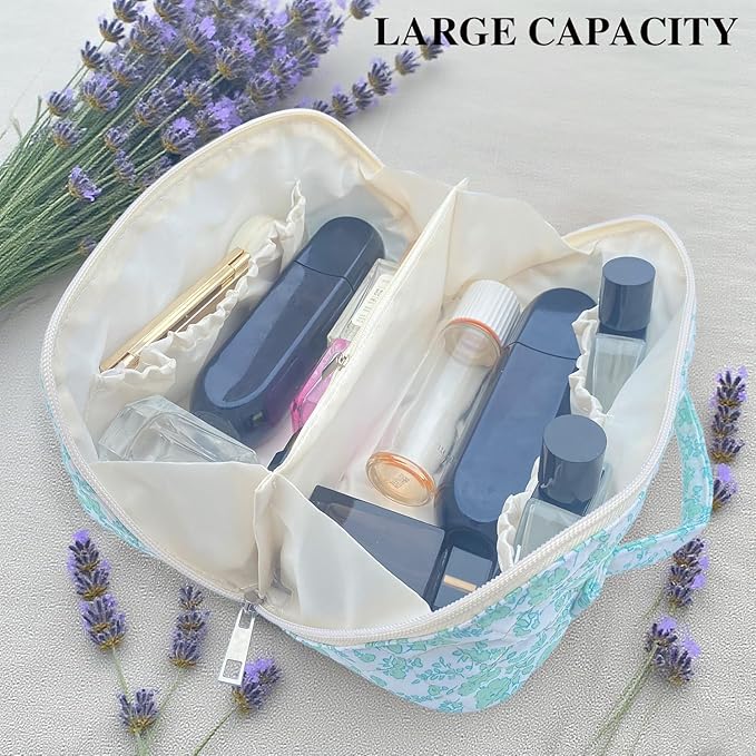 Green Large Quilted Floral Makeup Bag Cute Coquette Aesthetic Cosmetic Bag Open Flat Travel Toiletry Make up Bag for Women