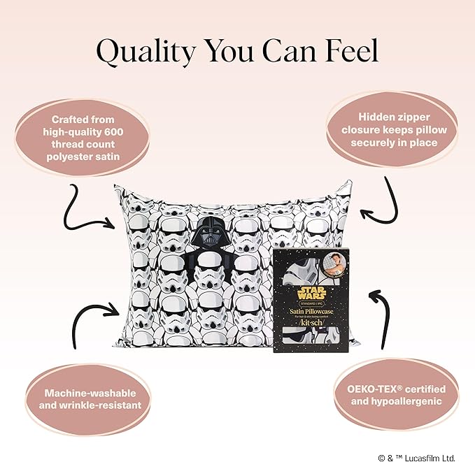 Star Wars x Kitsch Satin Pillowcase with Zipper for Hair & Skin, Softer Than Silk Pillow Cases Queen Standard Size, Wrinkle-Free Smooth & Cooling Satin Pillow Cover, 19x26 - Darth Vader Stormtroopers