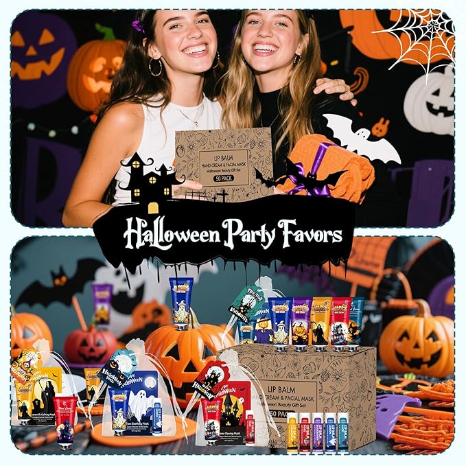 VESPRO 50 Pack Halloween Hand Cream, Facial Mask and Lip Balm Set, Bulk Halloween Gifts for Women, Halloween Decorations, Halloween Party Favors, Halloween Basket Stuffers and Halloween Skincare