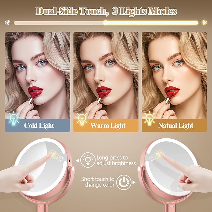Makeup Mirror with Lights, Double Sided 1x/20x Magnifying Mirror with Light, Rechargeable 3 Color Lights Adjustable Brightness, 360° Rotation Detachable Comes with Tweezer (Rose-Gold)