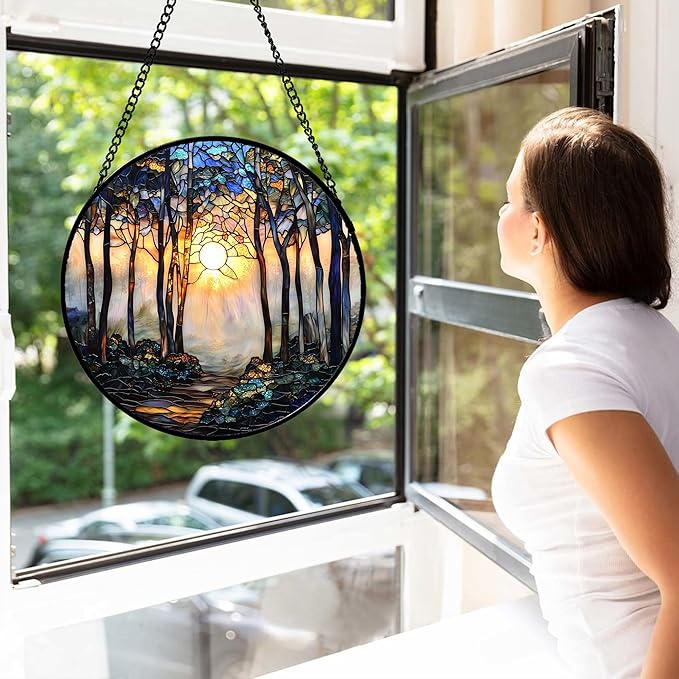 Stained Glass Window Hanging, Forest Sunrise Smoke Blue Brown Tree Suncatcher for Doors Window Home Landscape Sun Catchers Decor Mother's Day Birthday Gifts for Women, Men Mom 9.8 in