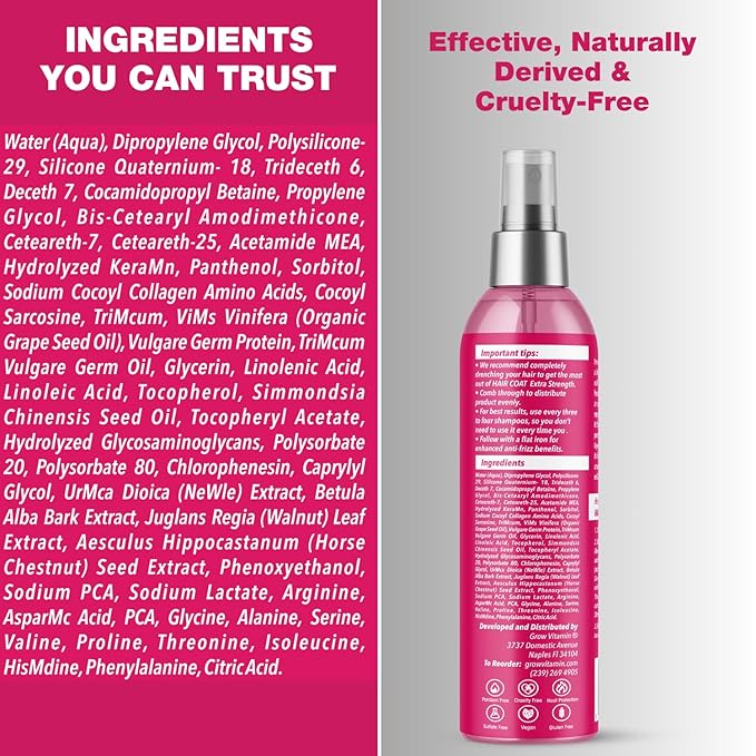 grow vitamin Hair Coat Extra Strength Spray - Anti-Frizz, Anti-Humidity, & Heat Protectant with Organic Grapeseed Oil - Lightweight, Alcohol-Free, Paraben-Free, Vegan Formula - 8 fl oz