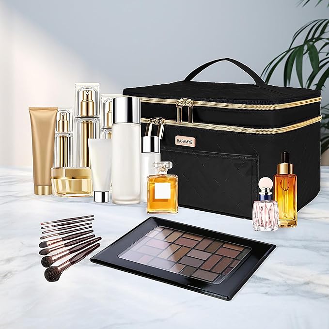 8.8L Double Layer Travel Makeup Bag Women, Large Cosmetic Case, Organizer for Travel-Size Accessories Bottles, Brushes, and Skin Care Products, Black 2.33 GAL