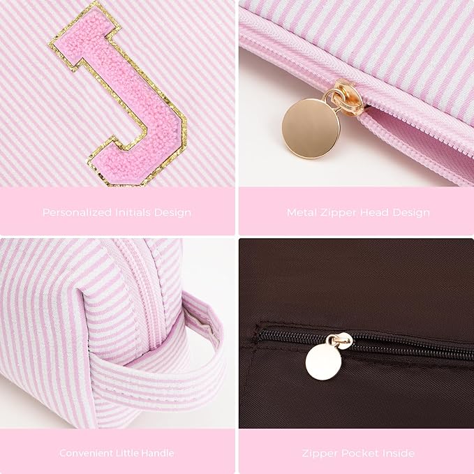 Monogrammed Gifts for Women - Cosmetic Bag for Teen,Initial Cute Makeup Bag Set for Women,Trendy Pouch for Niece Sister Friend Female Her,Birthday Gifts for Daughter - Pink,J