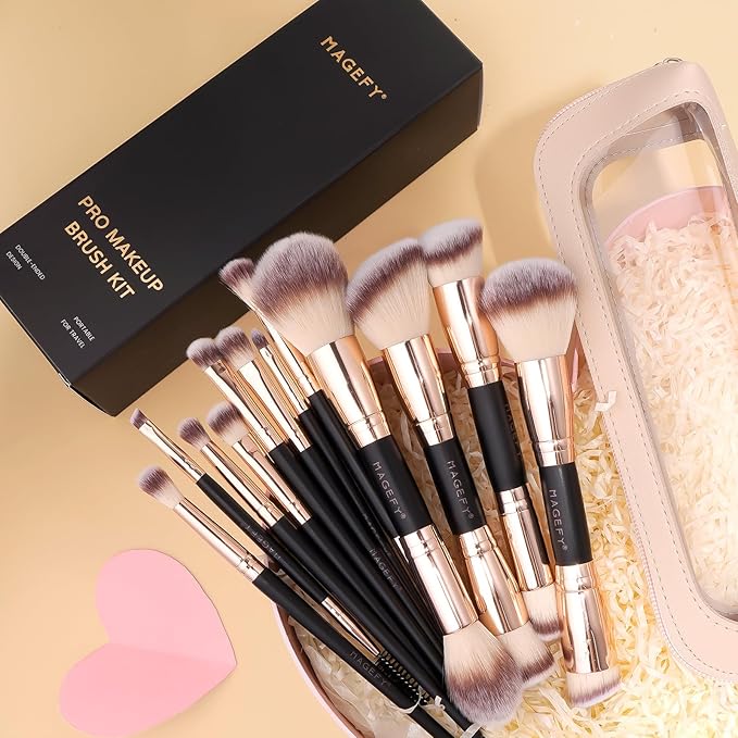 MAGEFY Makeup Brushes 12Pcs with Bag, Double-End Multi-functional for Foundation Powder Blush Eyeliner Eyeshadows brushes with Gift Box,Blackgold
